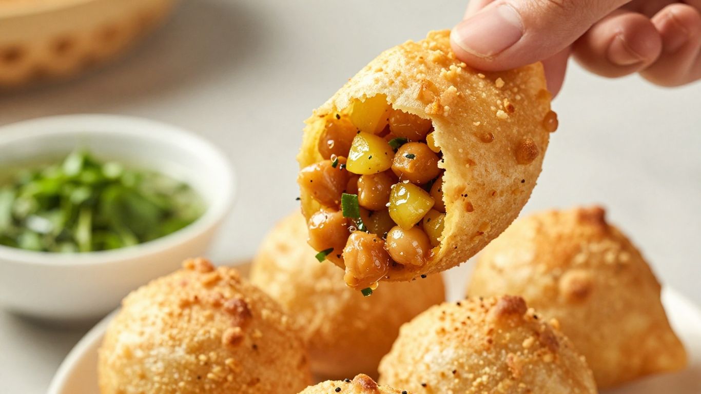 Hand filling pani puri with potato and chickpea mixture.