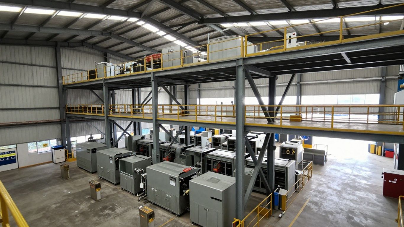 Industrial mezzanine installation in a commercial unit.