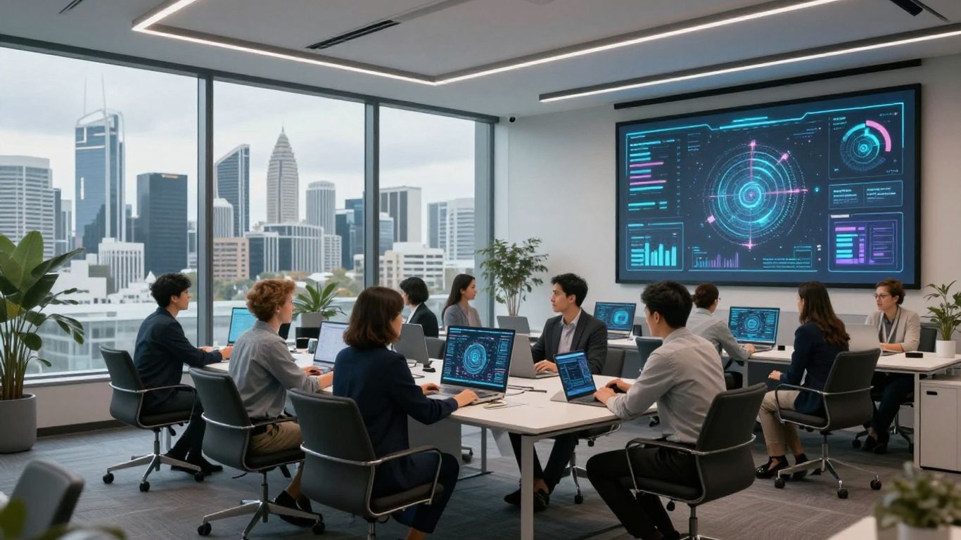 Team collaborating with AI interfaces in Perth office.