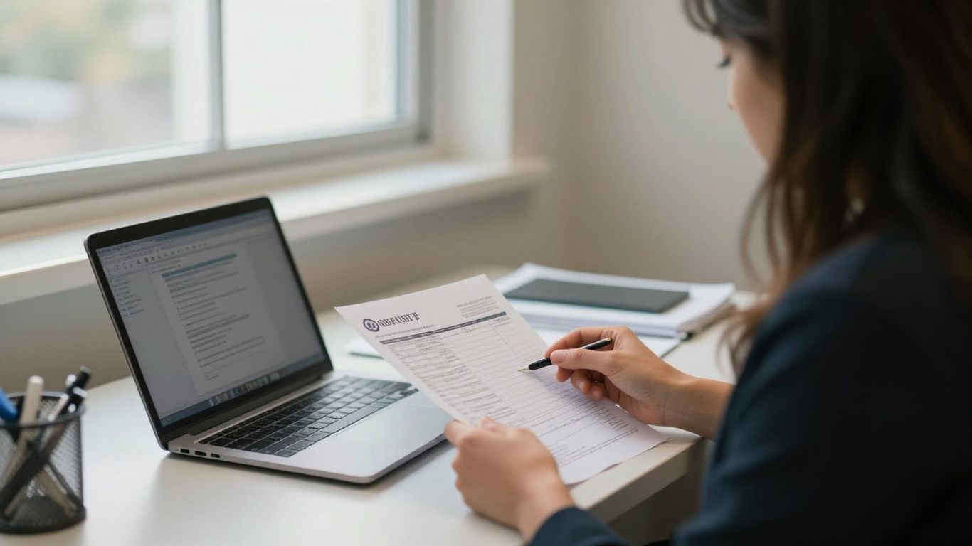Practice manager reviewing billing paperwork beside a laptop