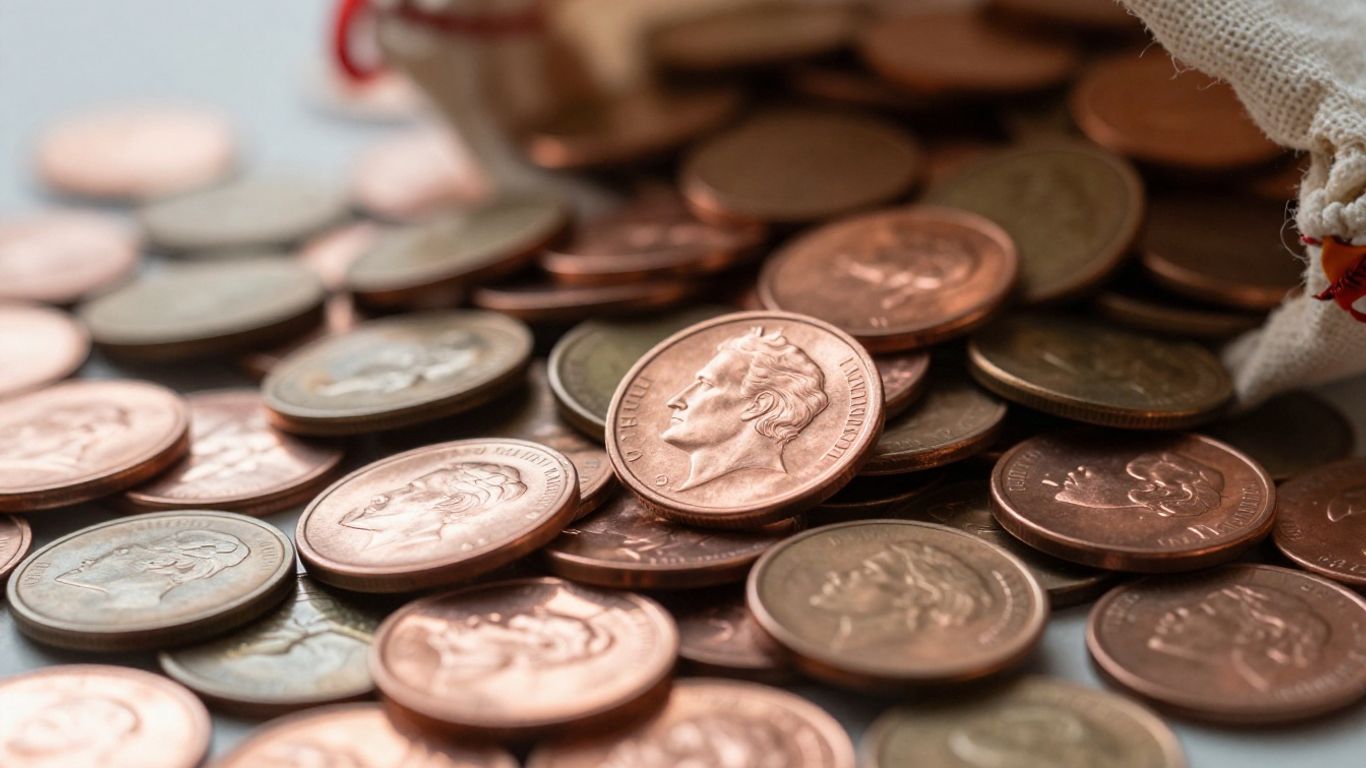 Pile of shiny copper pennies spilling from a bag.