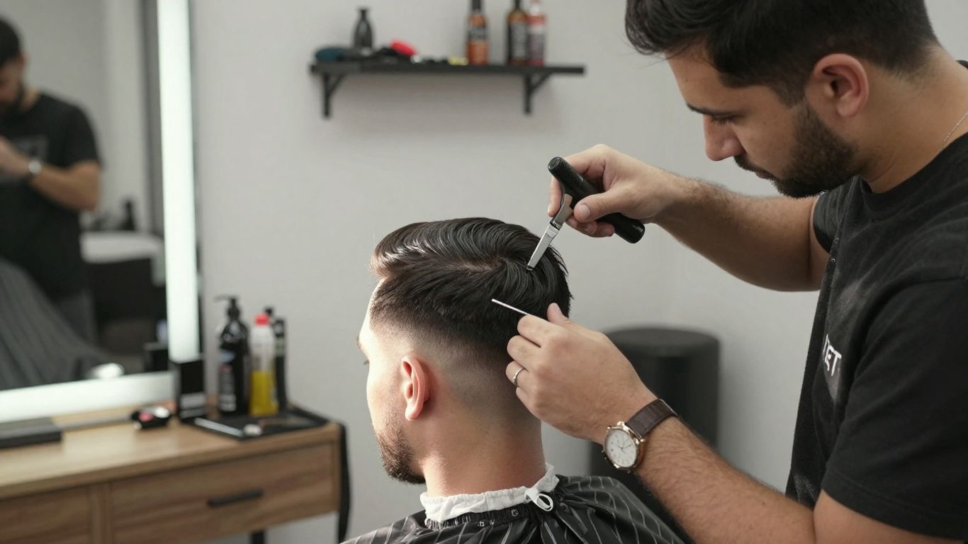 Barber giving a haircut in a modern Salt Lake City salon.