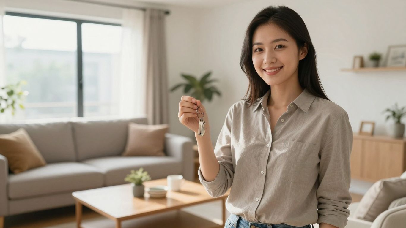 Persona sonriendo con llave de casa y seguro de hogar.