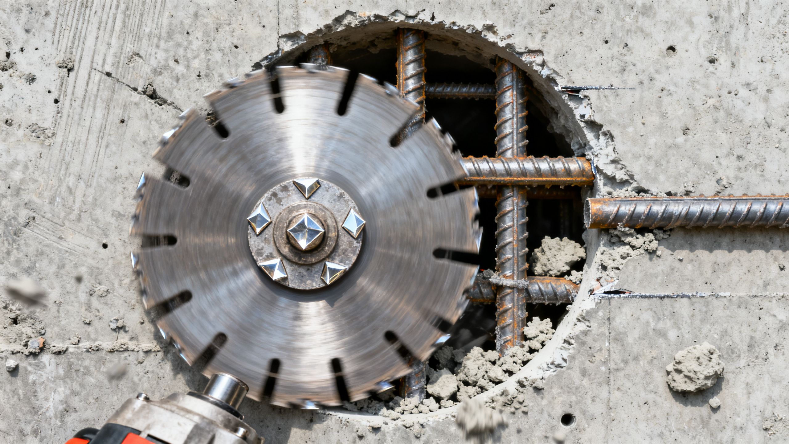 A diamond core bit cutting through reinforced concrete, with rebar visible in the clean circular opening