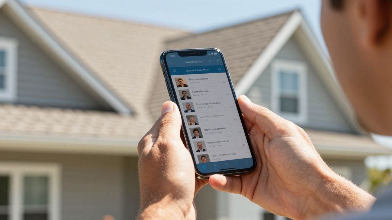 Contractor holding phone with roofing leads