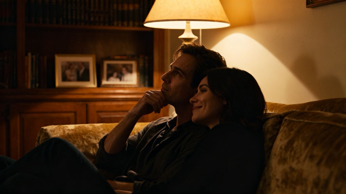 Couple in a living room with a quiet, knowing connection.