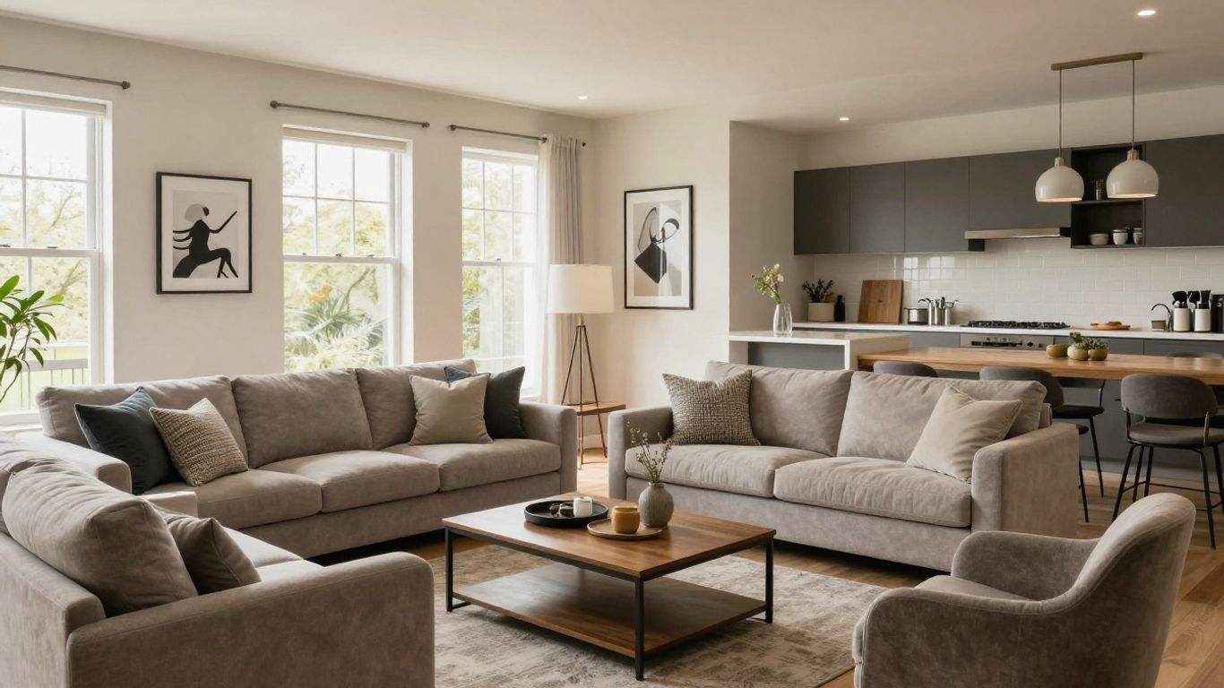 Furnished townhouse living room for short-term rental.