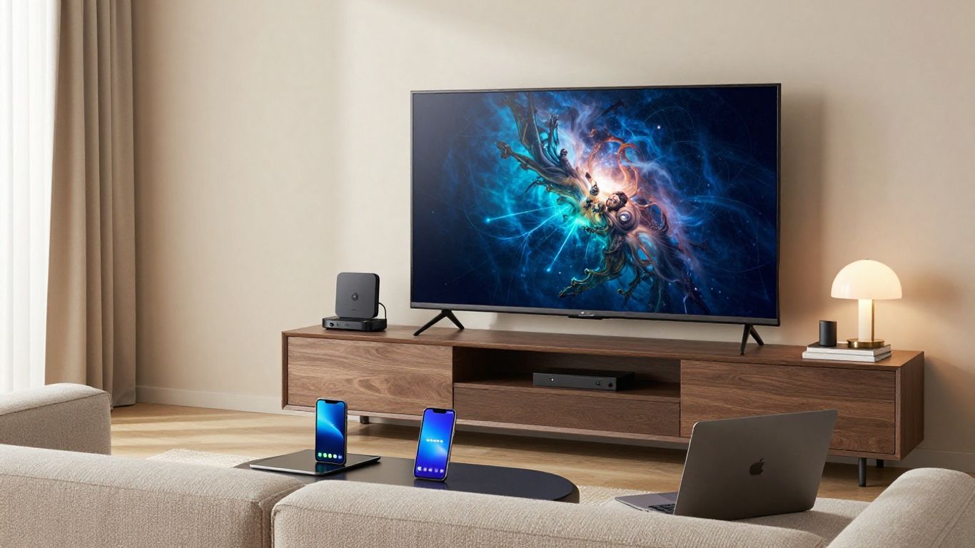 A modern living room with multiple streaming devices