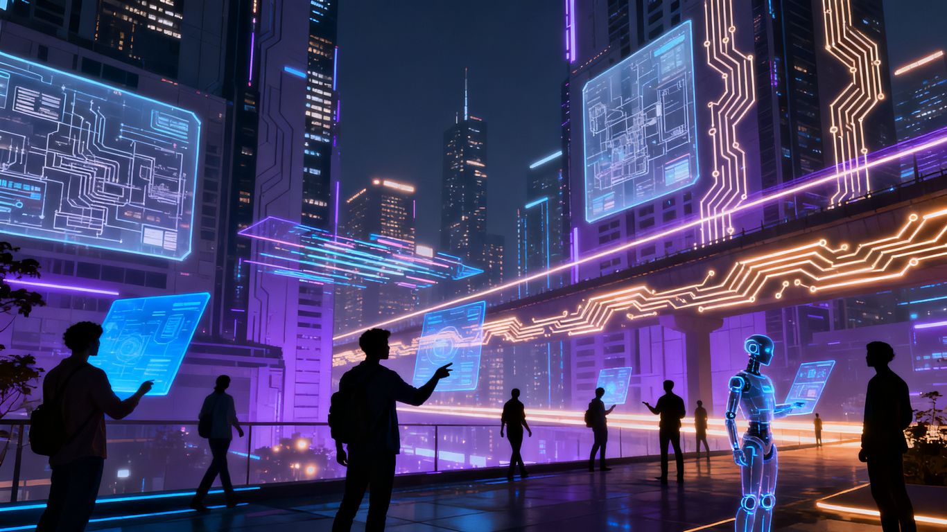 AI reshaping jobs with futuristic technology and people.