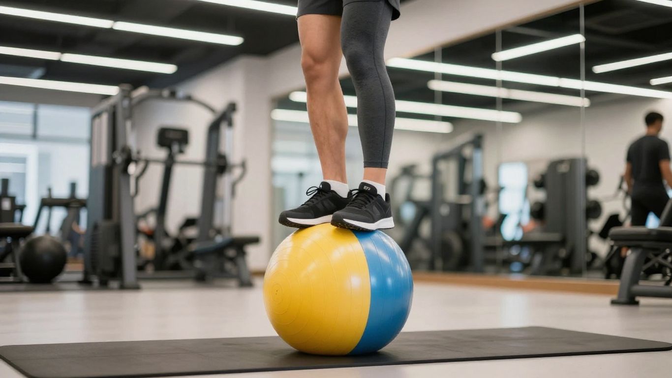 Person balancing on a colorful exercise ball during a workout.