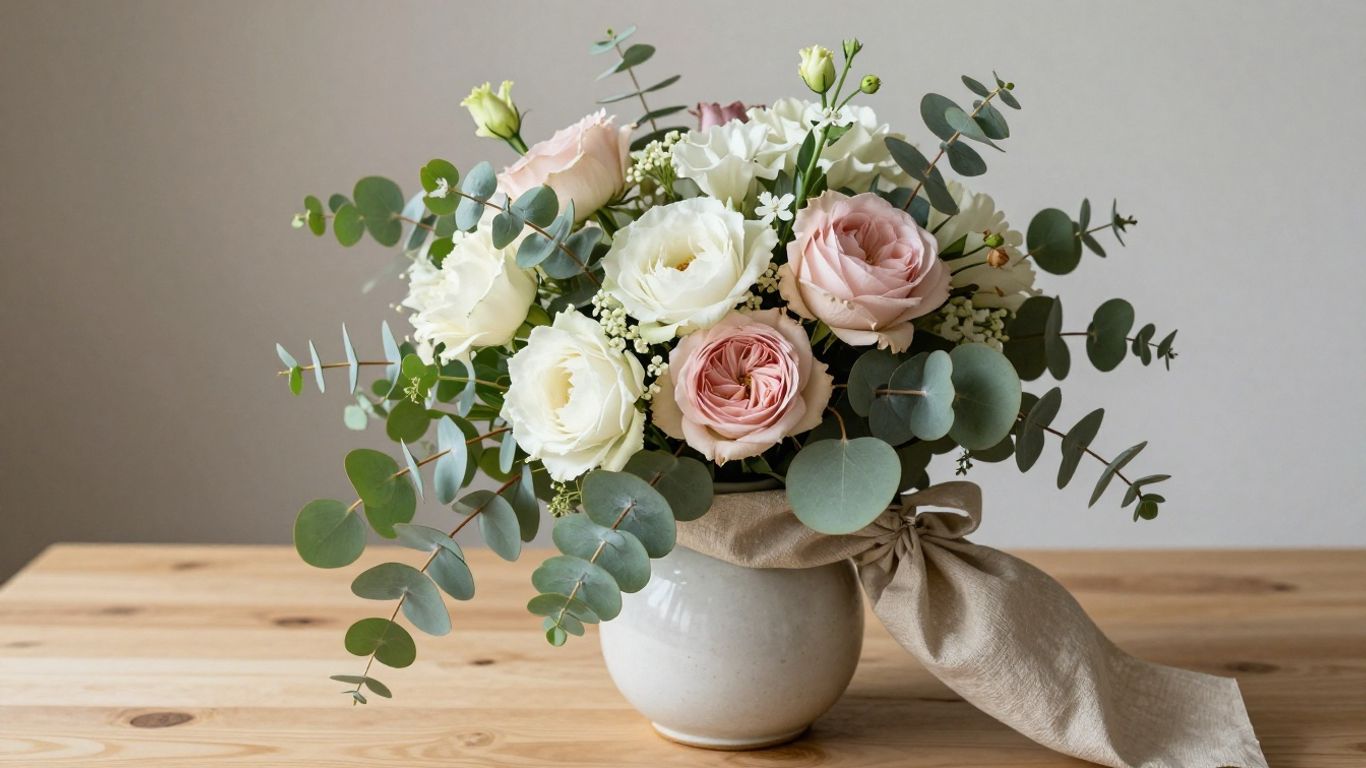 Elegant hand-tied bouquet beside a ceramic vase