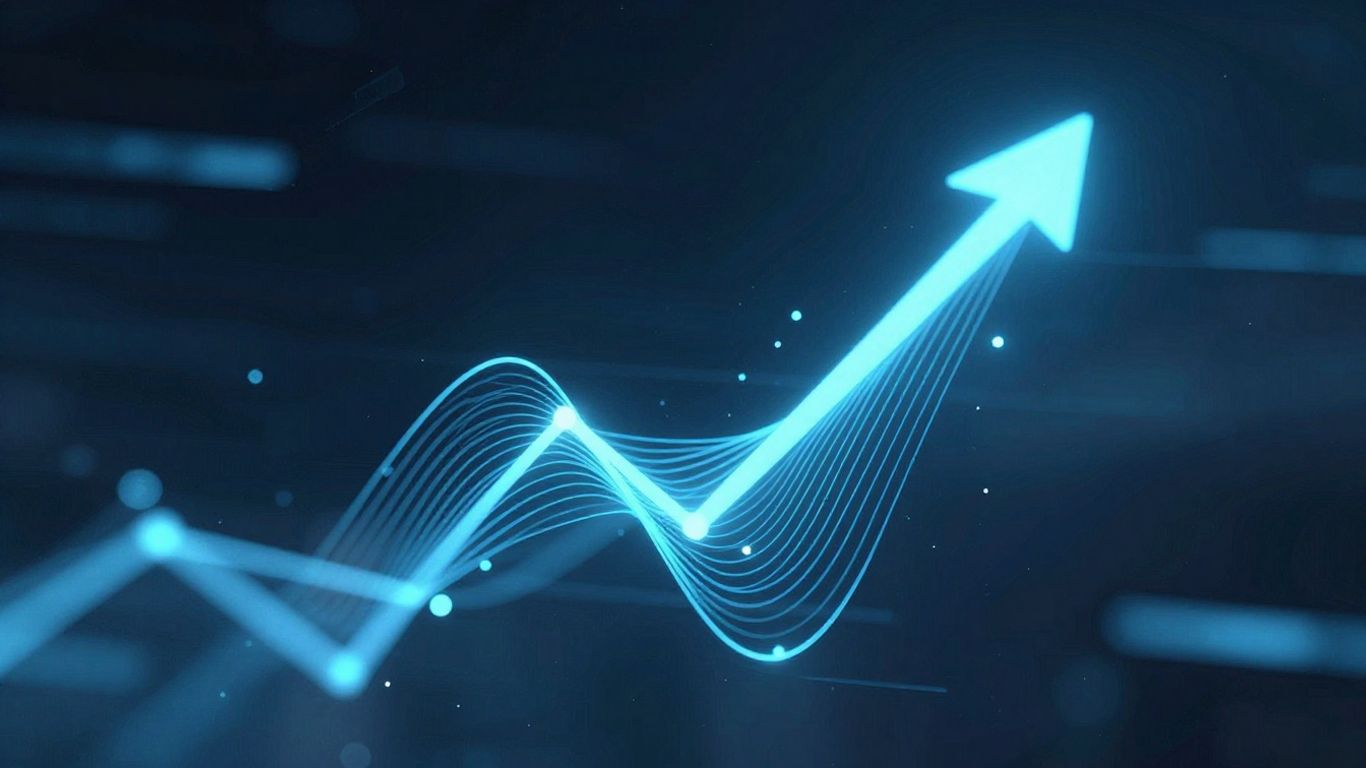 Digital interface with glowing lines and upward trend.