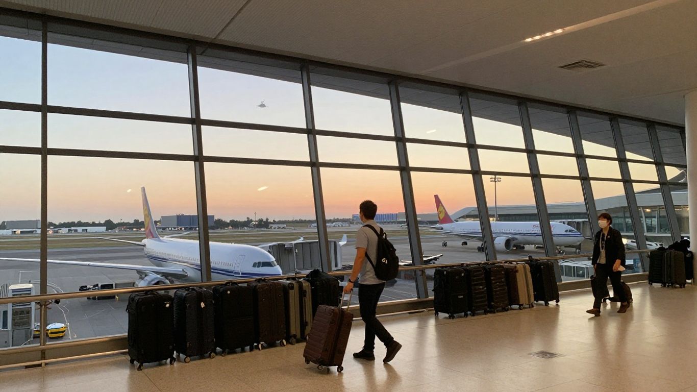 International airport connection with luggage and departure boards