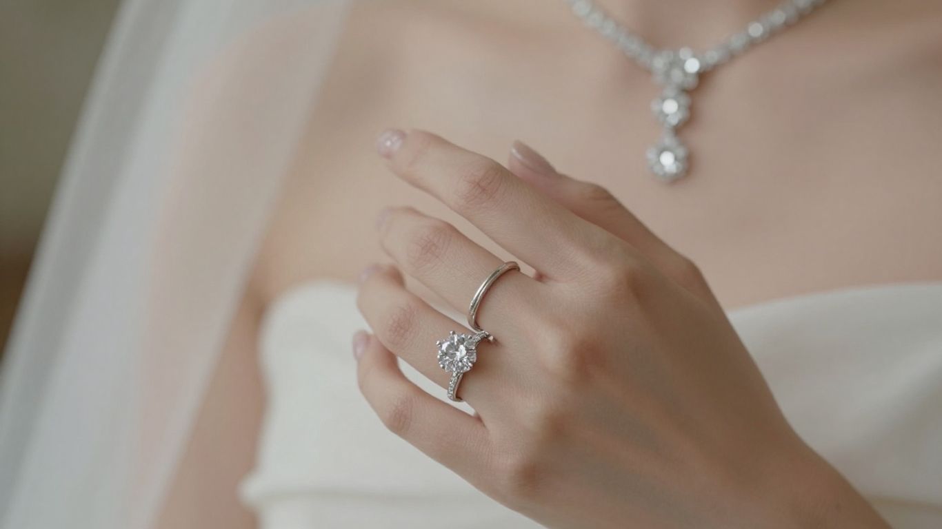 Bride's hands with wedding jewellery, engagement ring, earrings, necklace.