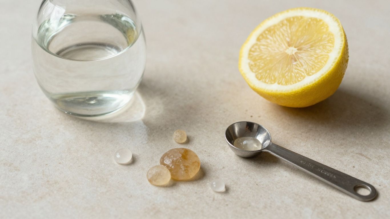 Mineral drops and water on a kitchen counter