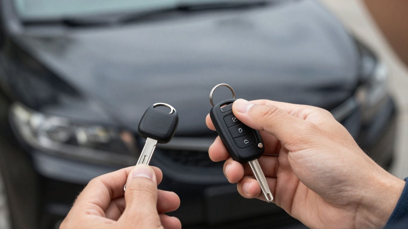 Person hält Autoschlüssel vor Gebrauchtwagen
