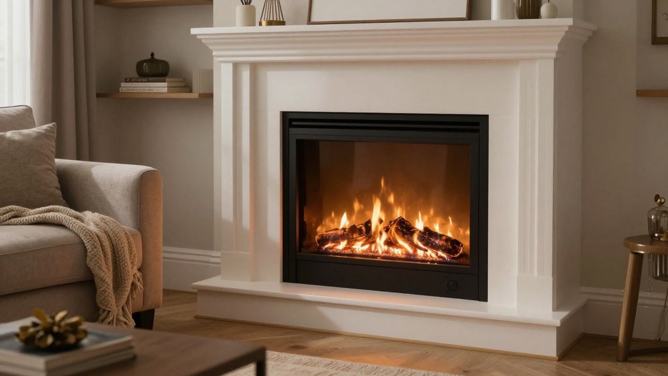 Poêle à gaz allumé dans un salon confortable.