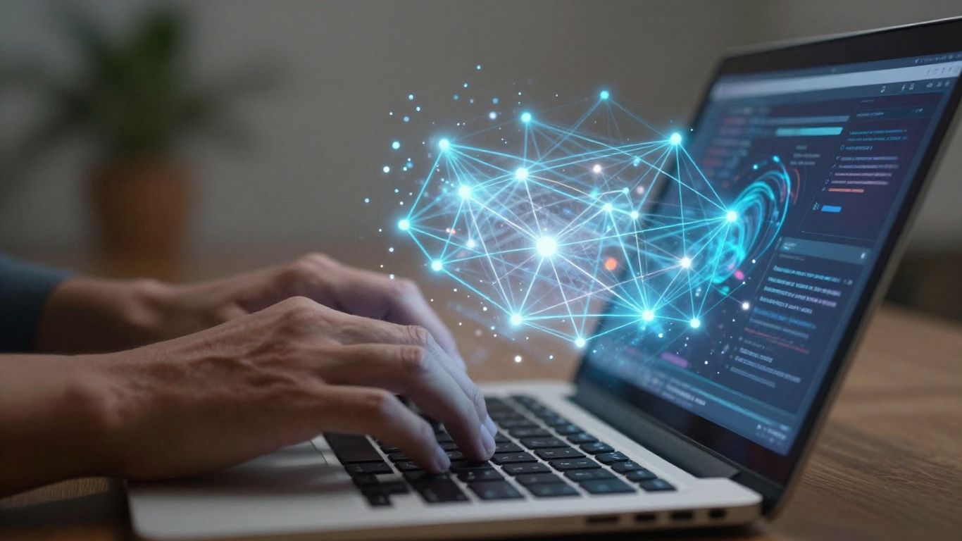 Hands typing on a laptop with a digital network on screen.