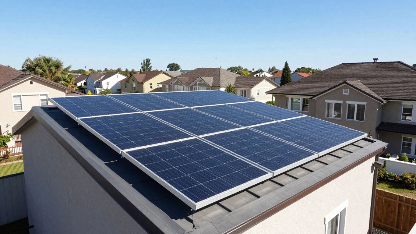 Solar panels on a roof with a blue sky.