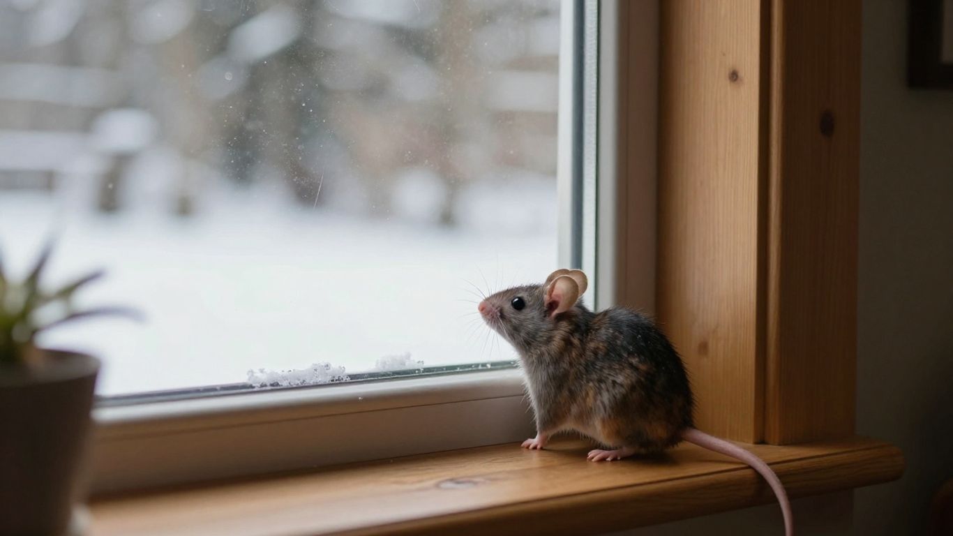 Mouse near a window with snow outside.