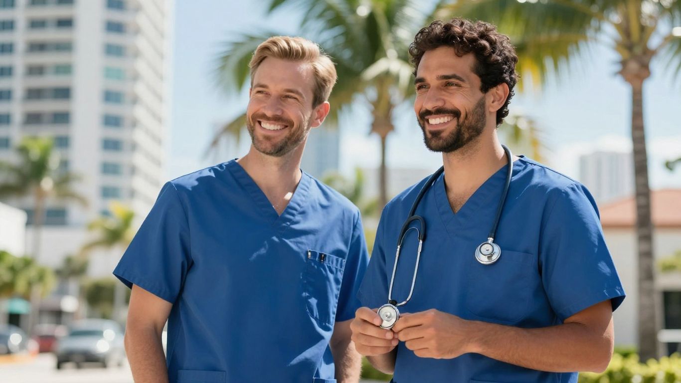 Nursing assistant in Miami with skyline background.