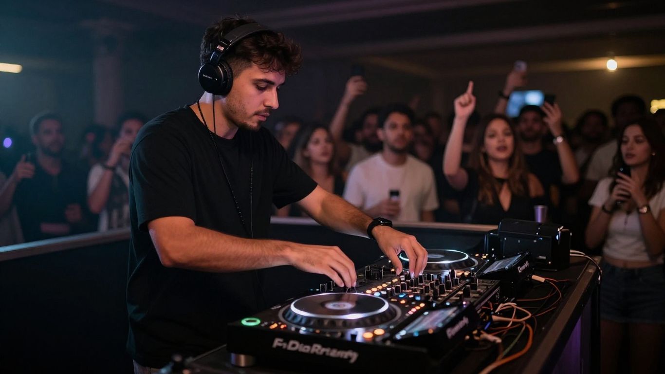 DJ performing at an event with spotlights and crowd.