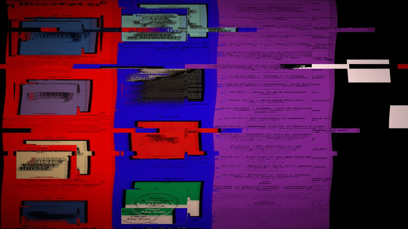 Abstract glitch art with colorful blocks and text.