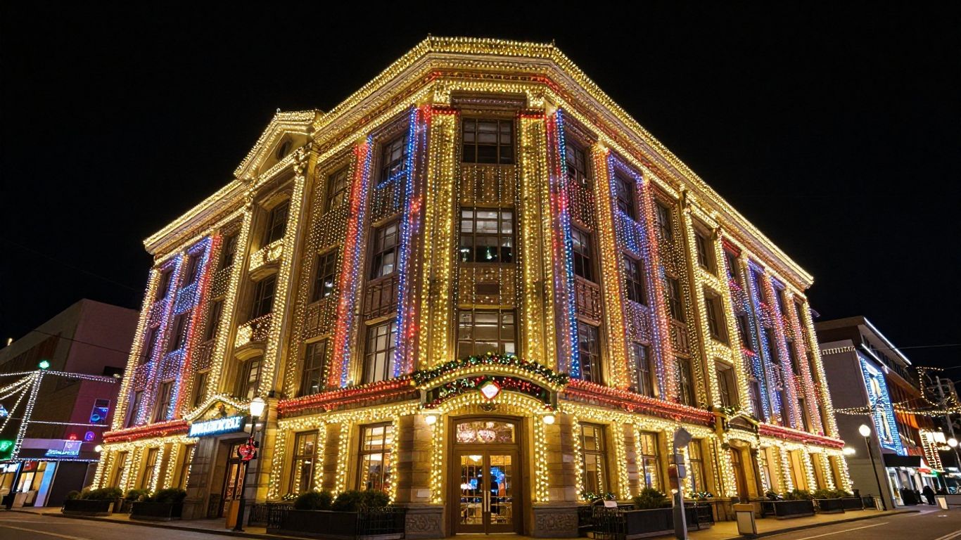 Commercial building decorated with bright Christmas lights.