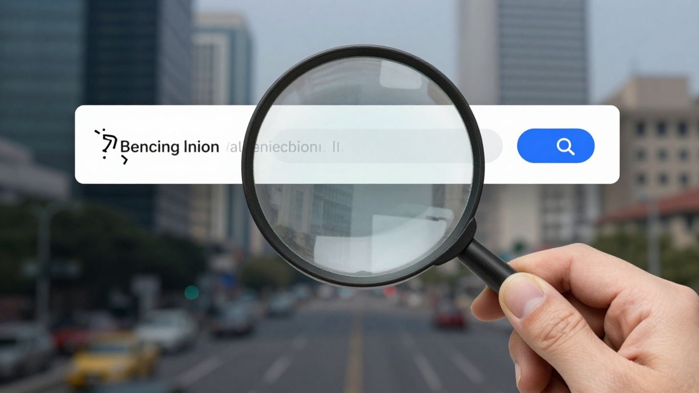 Magnifying glass over website, broken link, cityscape background.