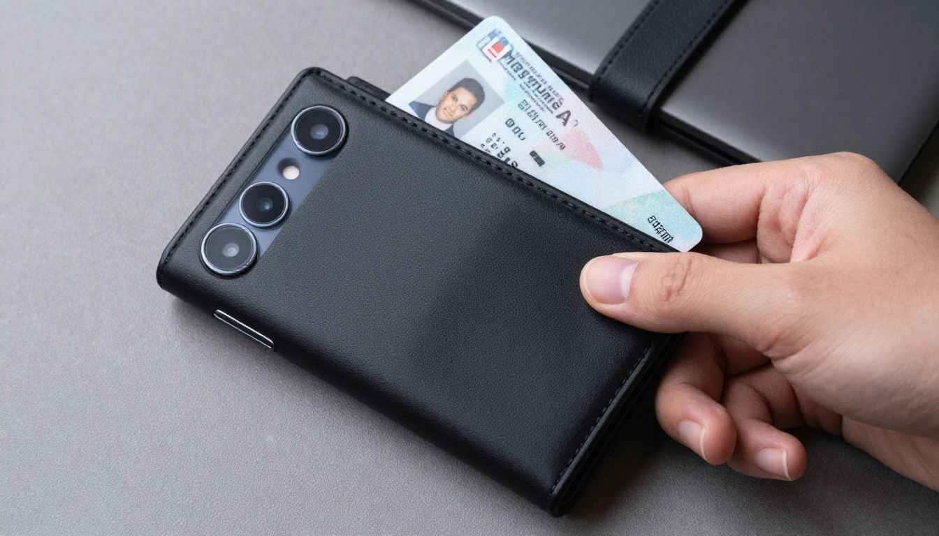 A person neatly organising their ID and a credit card into the back of a sleek, black Galaxy S23 Ultra wallet case before heading out