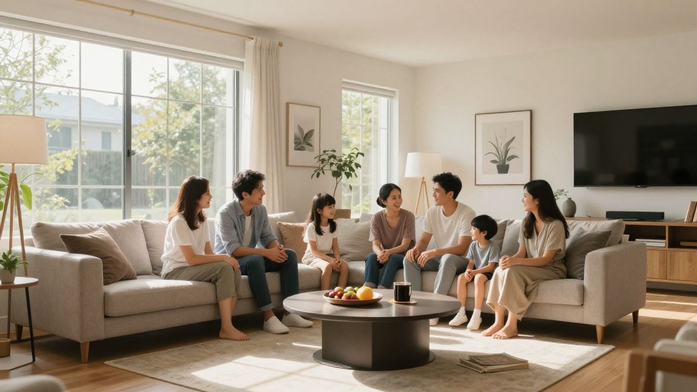 Familia feliz en un hogar seguro y protegido.
