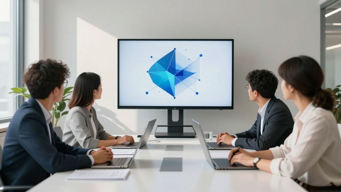 Team strategizing blockchain adoption in a modern office.