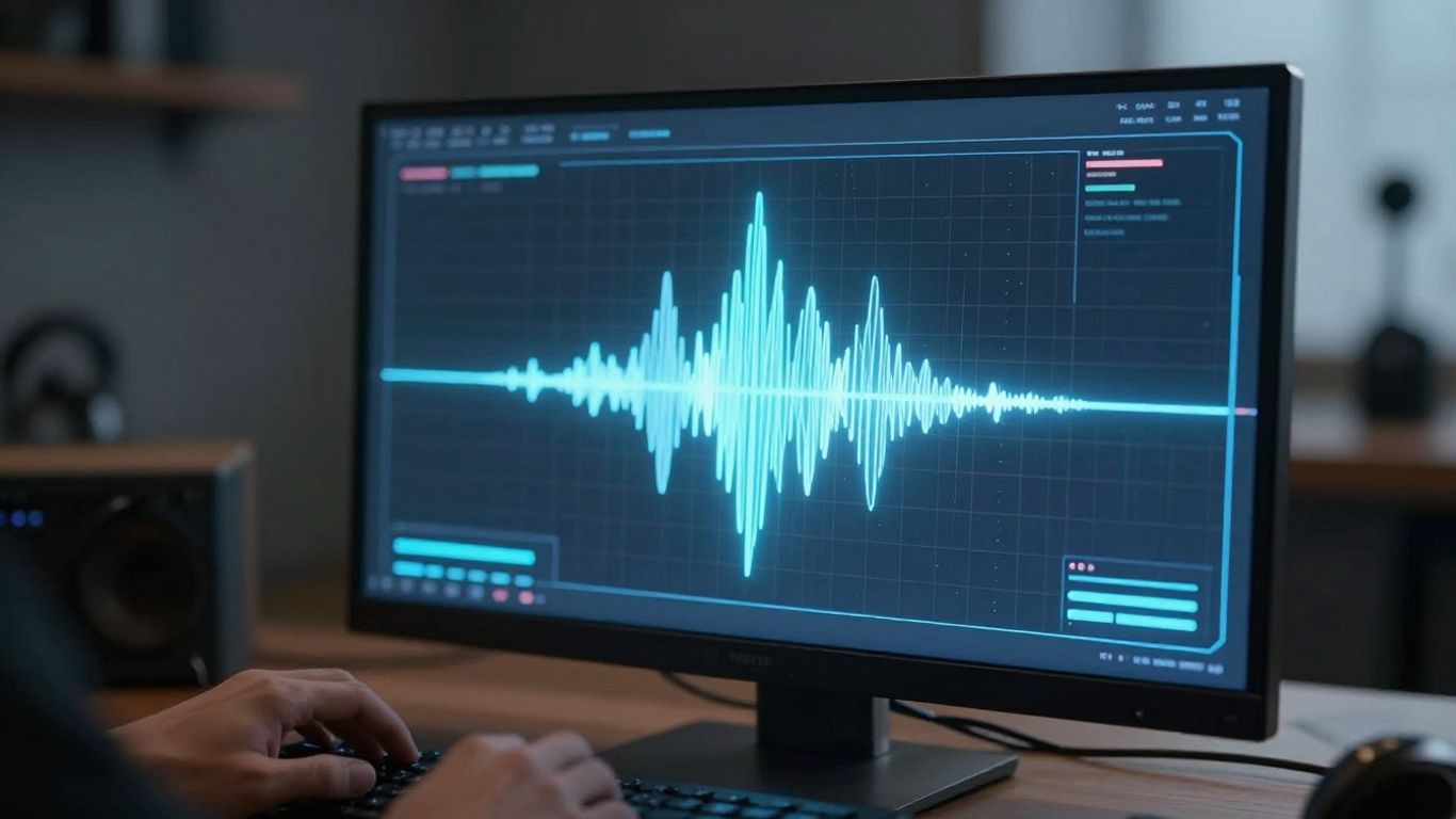 AI music generation with glowing sound waves.