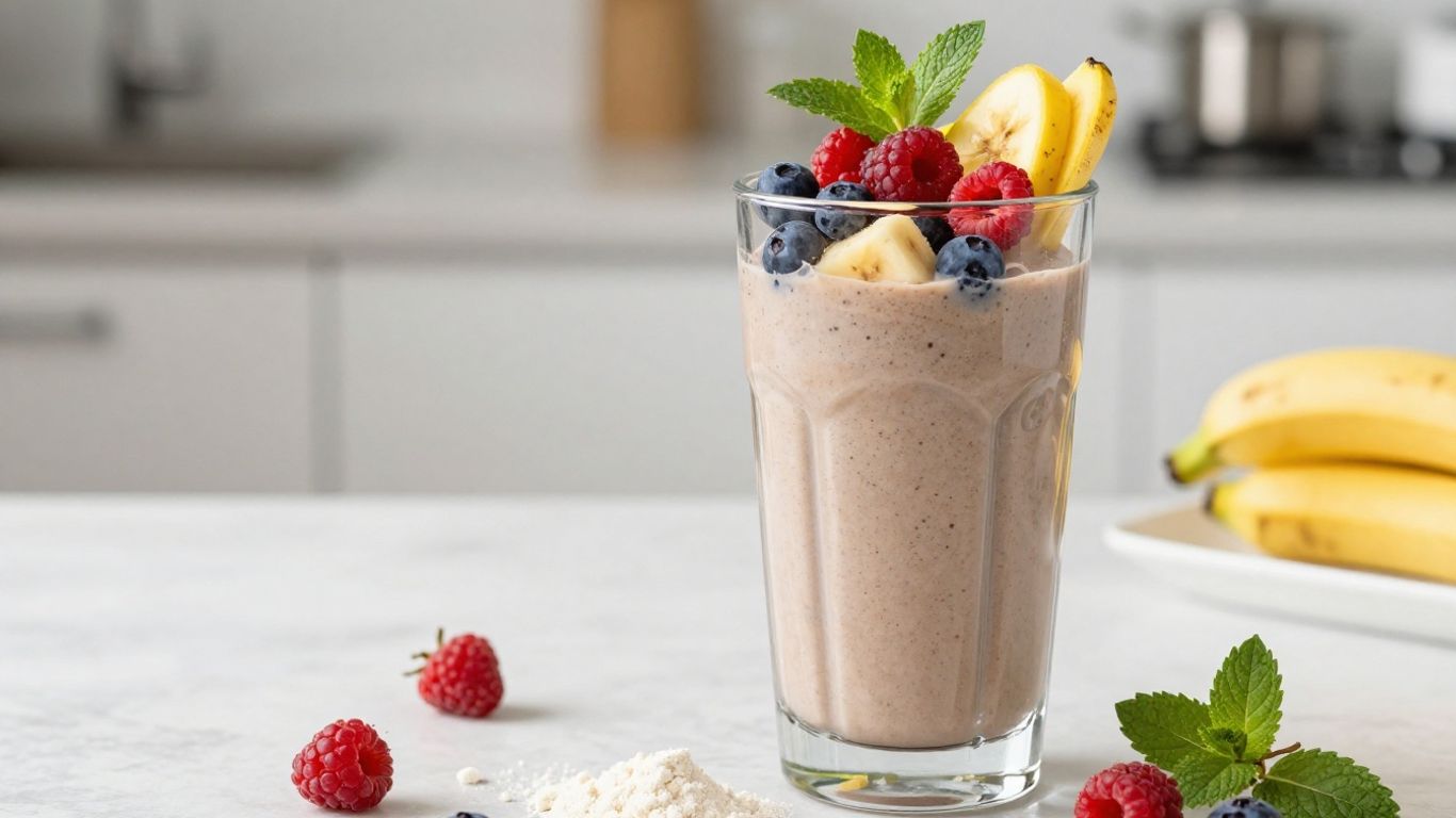 Herbalife protein powder with fruits and a prepared shake.