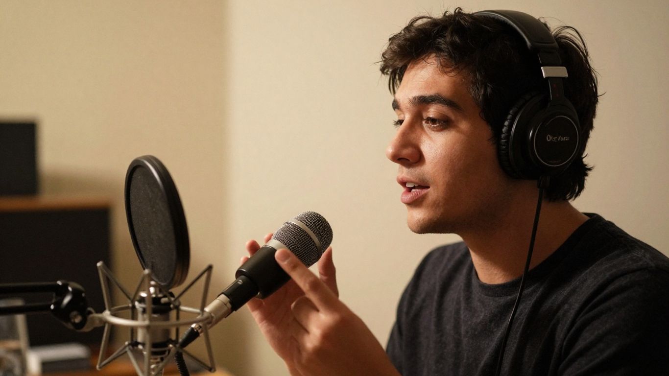 Person recording podcast with microphone in studio.