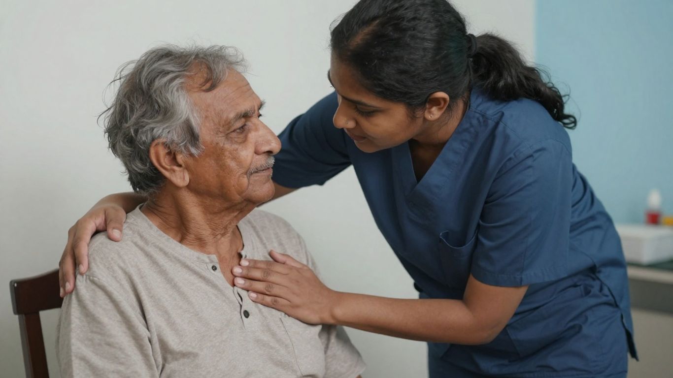 Pflegekraft unterstützt ältere Person mitfühlend.
