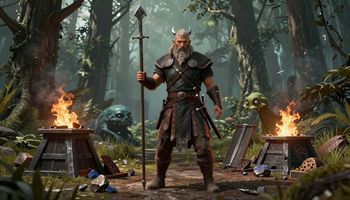 Guerreiro viking em Valheim diante de uma forja, com armas, minérios e uma floresta perigosa ao fundo