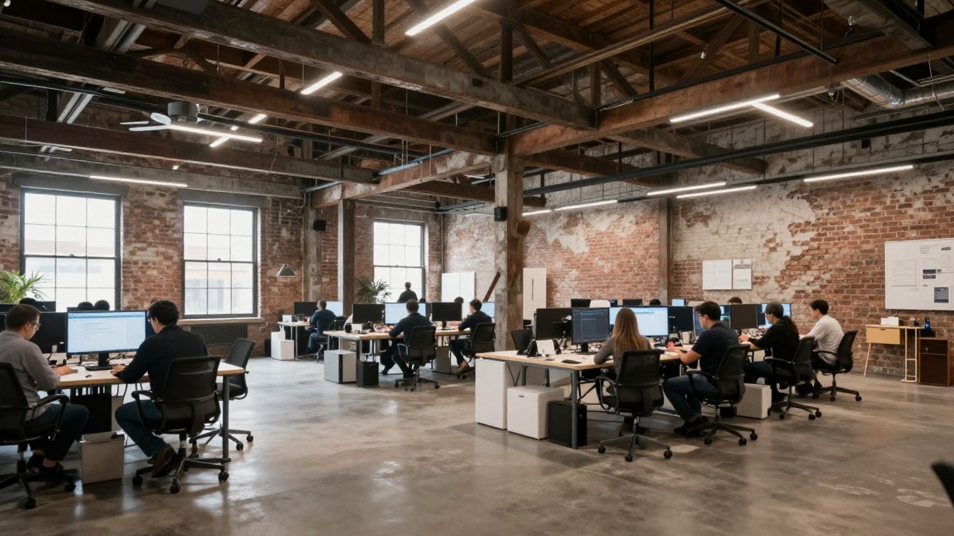 Manhattan warehouse conversion with blurred operations team.