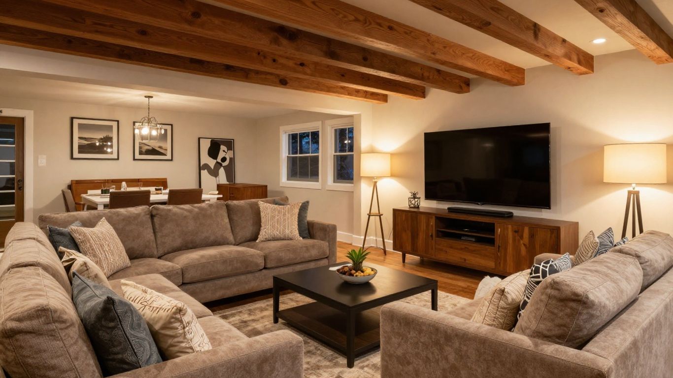 Finished basement living space in Dacula, Georgia.