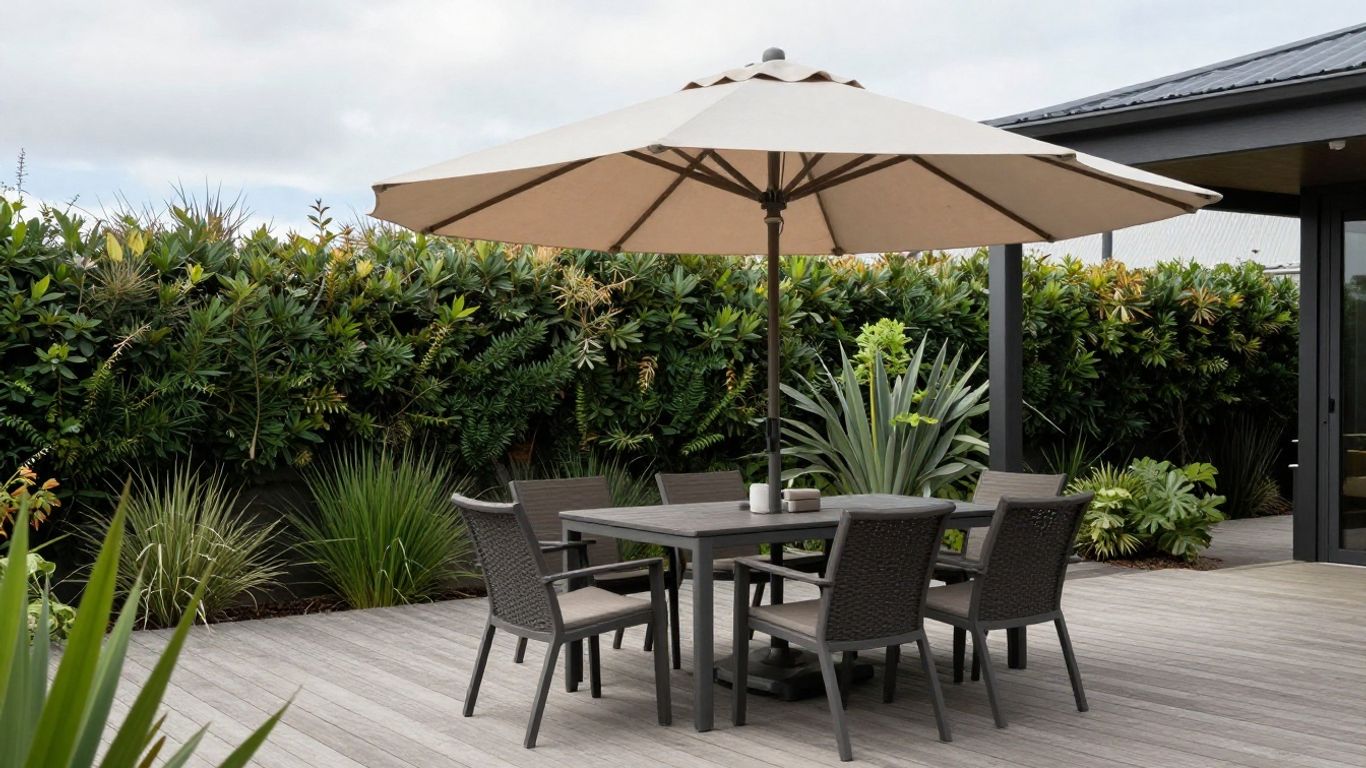 Outdoor umbrella shading a measured patio seating area