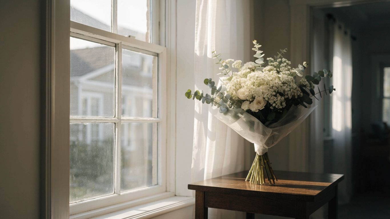 Soft sympathy flowers arranged beside a quiet family home window