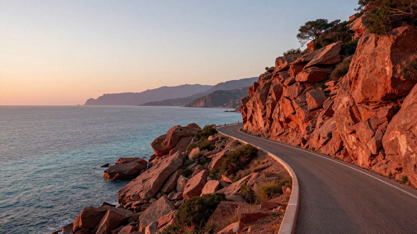 Coastal road winding toward Corsica sunset cliffs