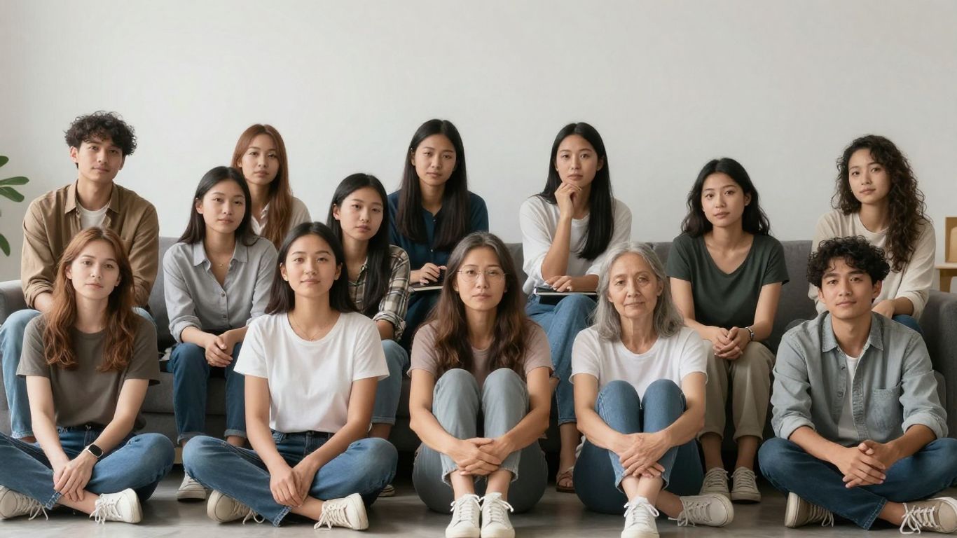 Grup divers de oameni, tineri și bătrâni, interacționând.