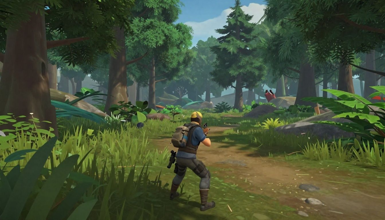 Um personagem de Fortnite escondido em uma área florestal observando o movimento