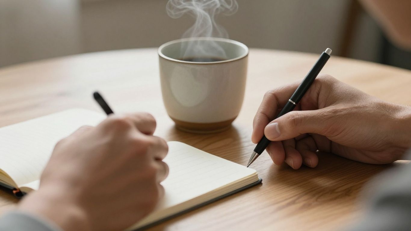 Hands resting near a warm cup during reflection