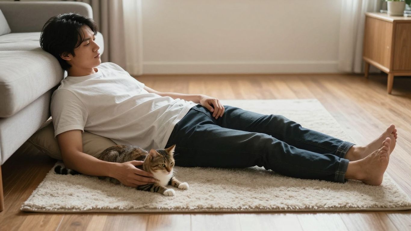 Guest sitting quietly while a cat approaches on its own