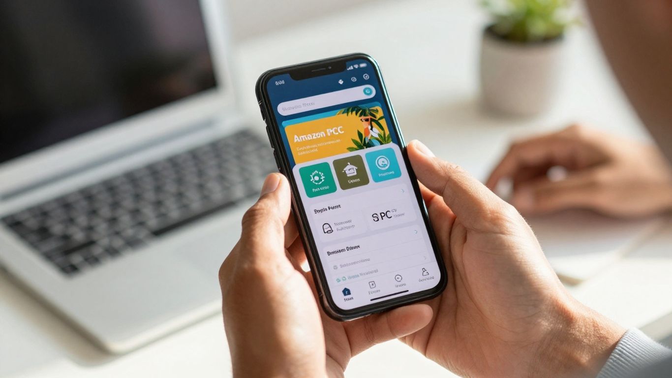 Amazon PPC dashboard on a smartphone screen.