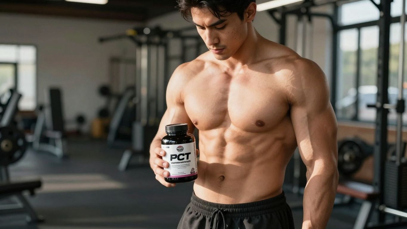 Man holding PCT supplement bottle after workout.
