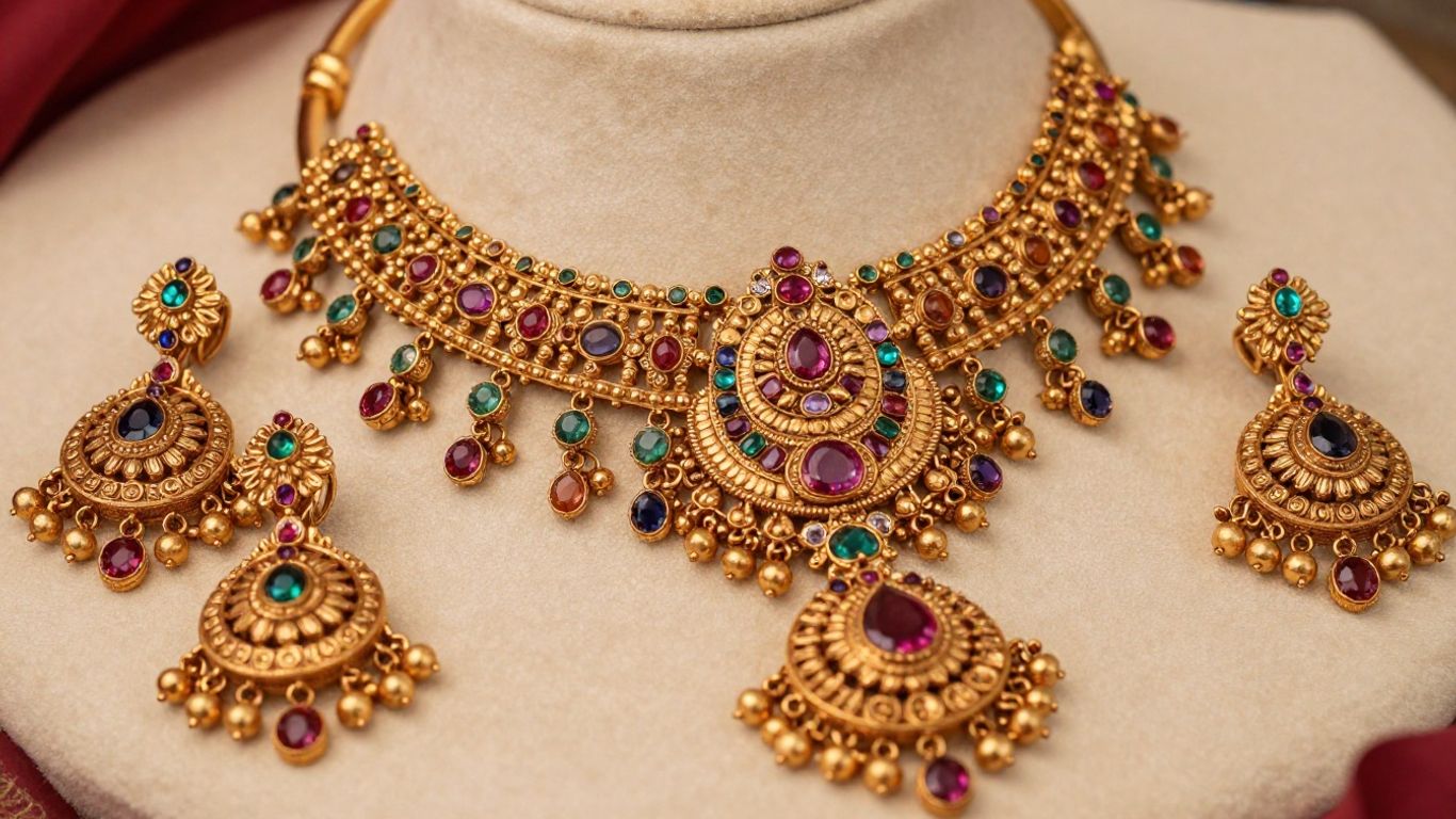 Intricate Indian temple jewellery with gemstones and gold.