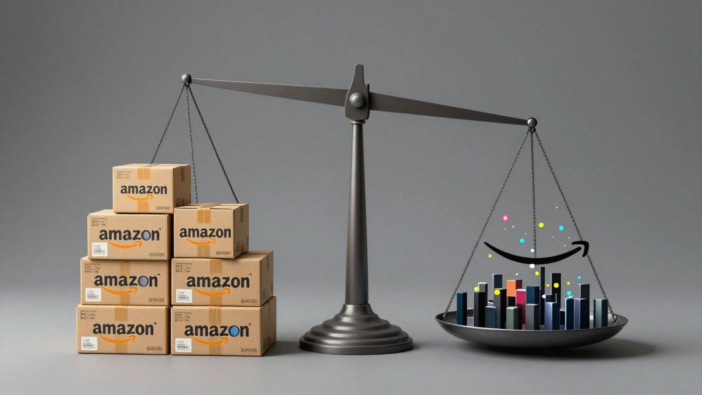 Balanced scale with product boxes and data points